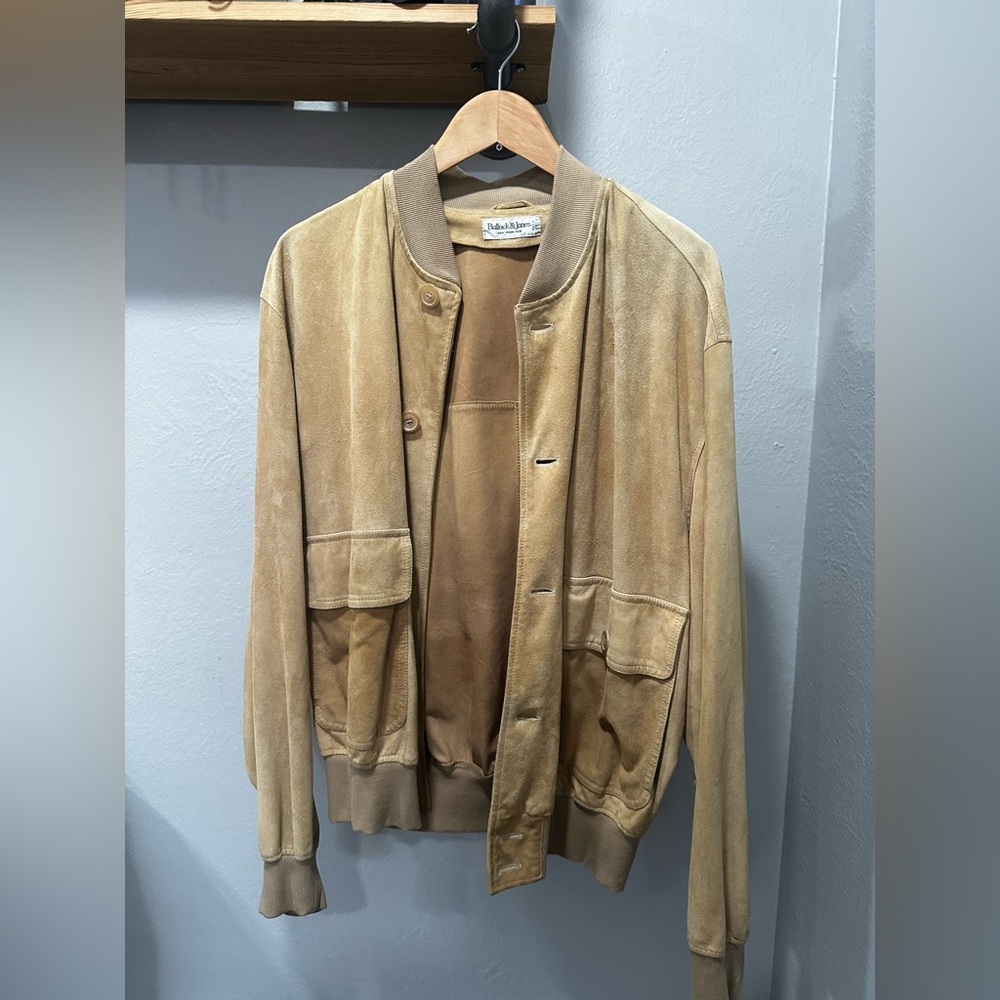 Vintage 70s Bullock & Jones 100% Leather Suede Button Bomber Jacket.